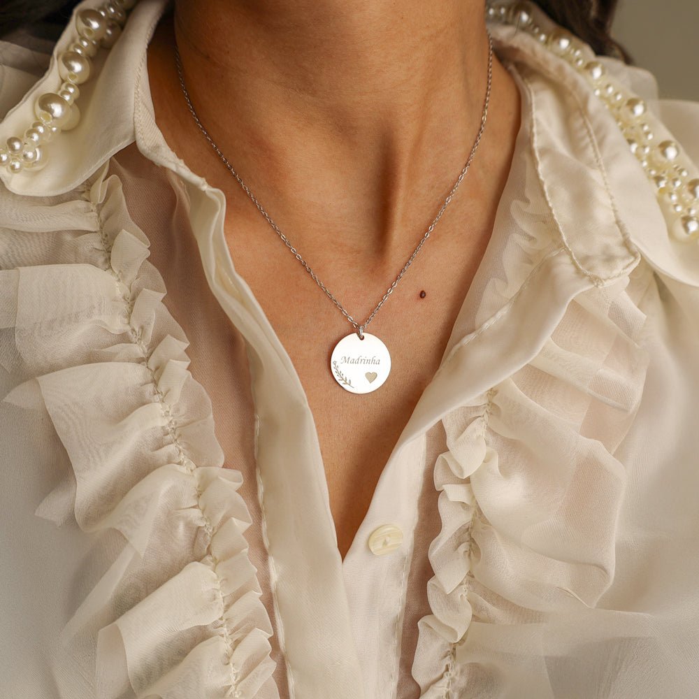 Fio Madrinha em Prata, com Coração e Motivos Florais (40cm) - Loja do Ouro