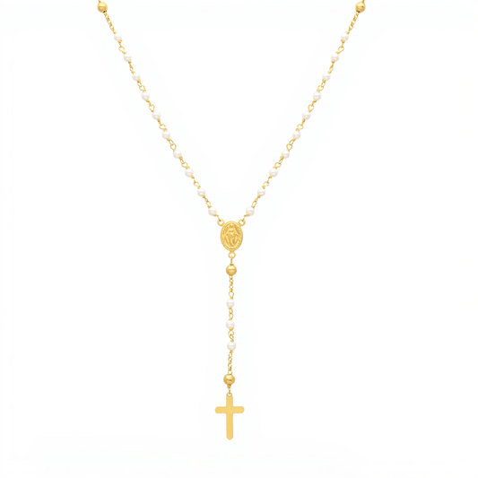 Fio Terço Nossa Senhora das Graças e Pérolas em Prata Dourada (48.5cm) - Loja do Ouro