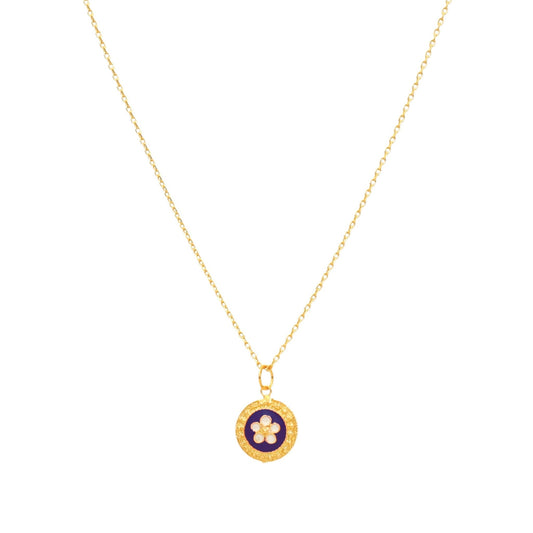 Collar tradicional en plata bañada en oro con medalla redonda de caracol azul - Gold Store Premium