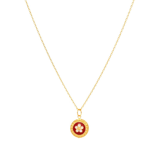 Collar tradicional en plata dorada con medalla redonda de caracol rojo - Gold Store Premium