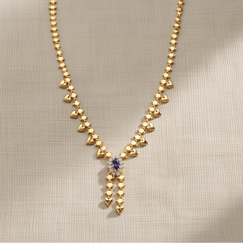 Gargantilha Corações em Ouro 19kl com Safiras e Zircónias (44,5cm) - Loja do Ouro