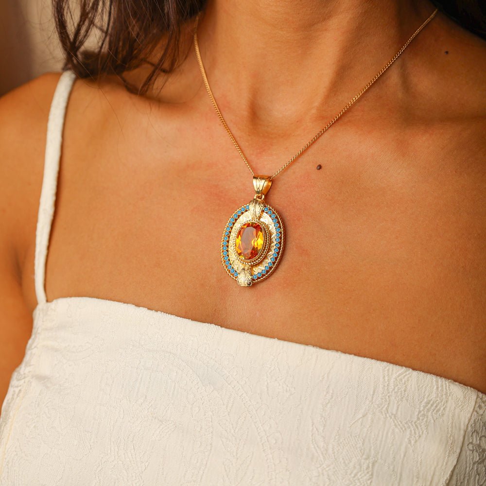 Medalhão em Ouro 19kl com Citrino e Turquesas (4cm) - Loja do Ouro