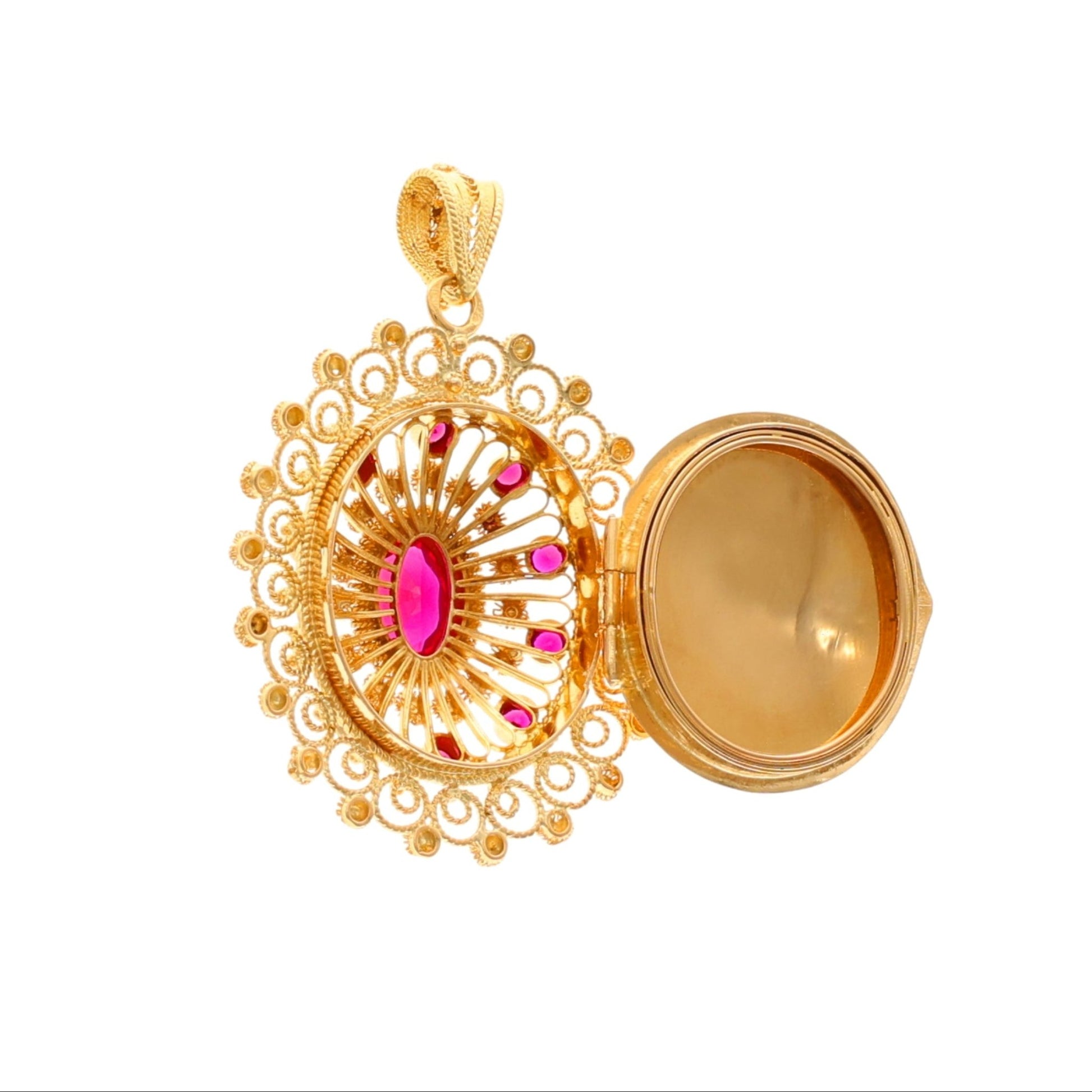 Medalhão Relicário em Ouro 19kl com Rubi e Topazios Vermelhos - Loja do Ouro
