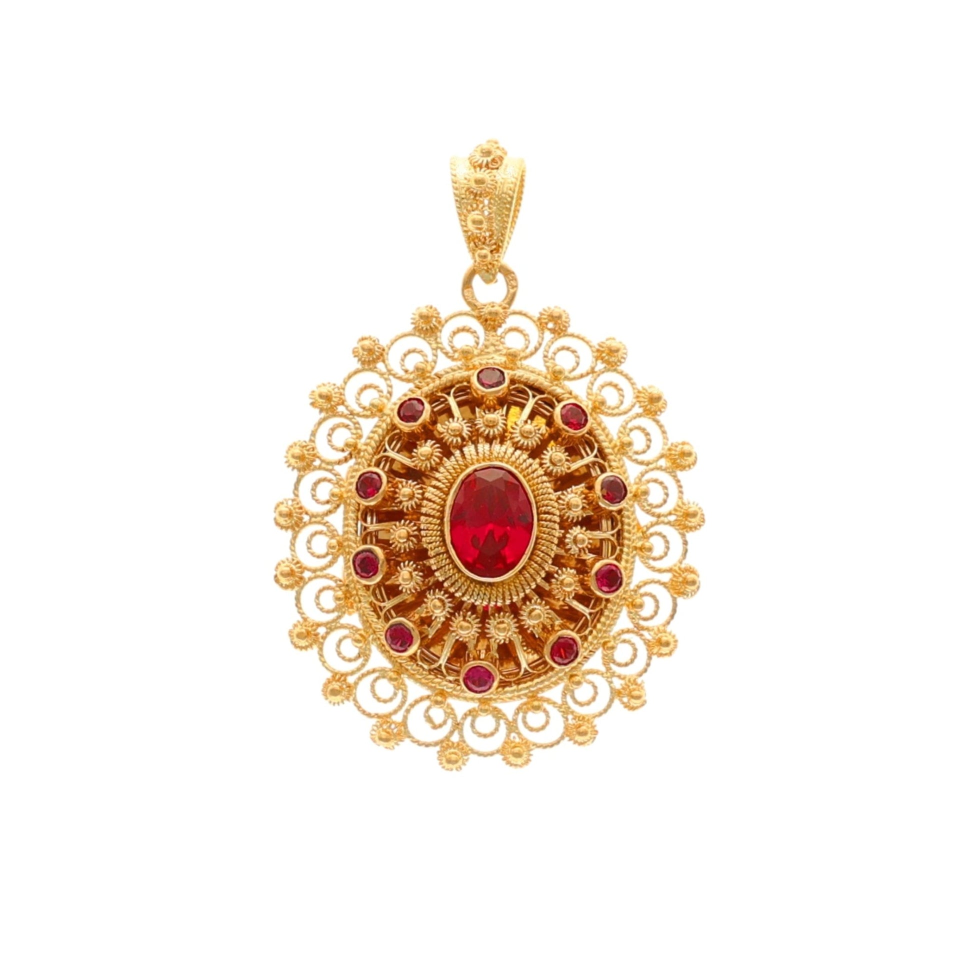 Medalhão Relicário em Ouro 19kl com Rubi e Topazios Vermelhos - Loja do Ouro