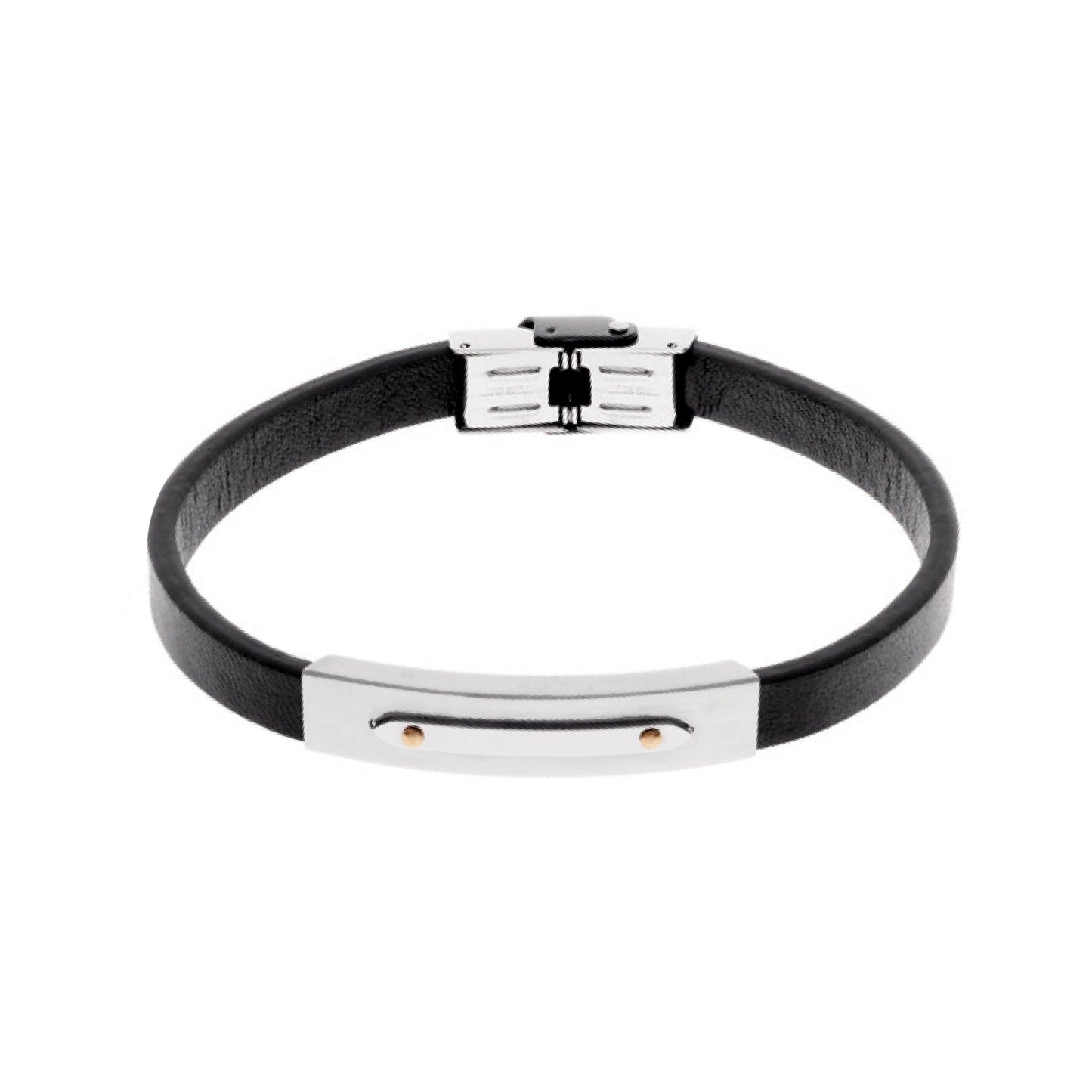Pulseira Atlas em Couro Preto com Chapa em Aço - Loja do Ouro