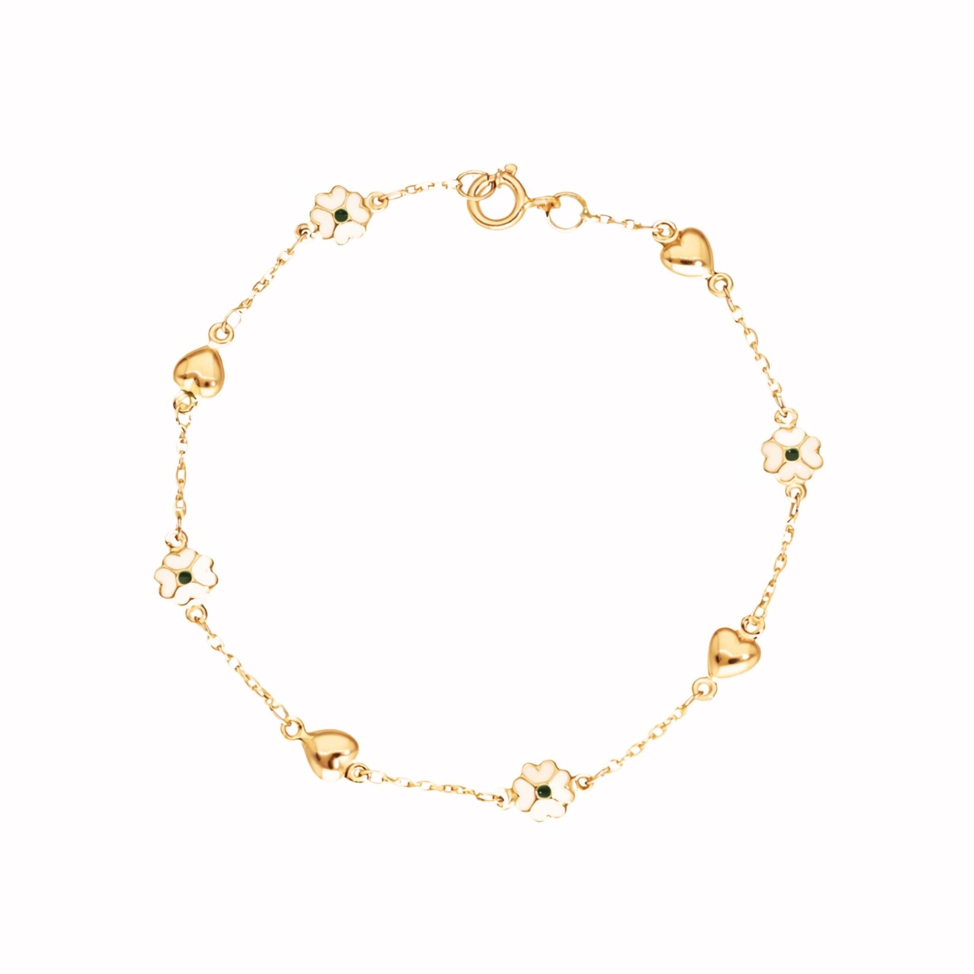 Pulseira em Ouro de 19kl com Corações e Flores em Esmalte (18cm) - Loja do Ouro
