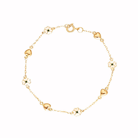 Pulseira em Ouro de 19kl com Corações e Flores em Esmalte (18cm) - Loja do Ouro
