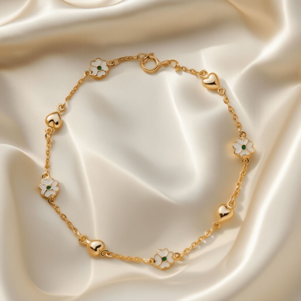 Pulseira em Ouro de 19kl com Corações e Flores em Esmalte (18cm) - Loja do Ouro