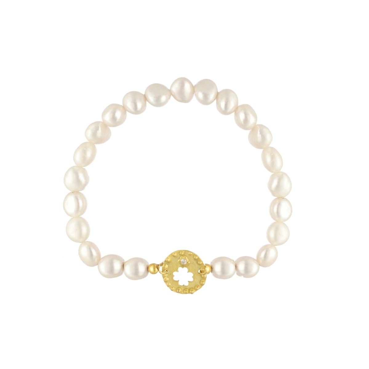 Pulseira em Prata Dourada com Pérolas e Medalha Trevo - Loja do Ouro