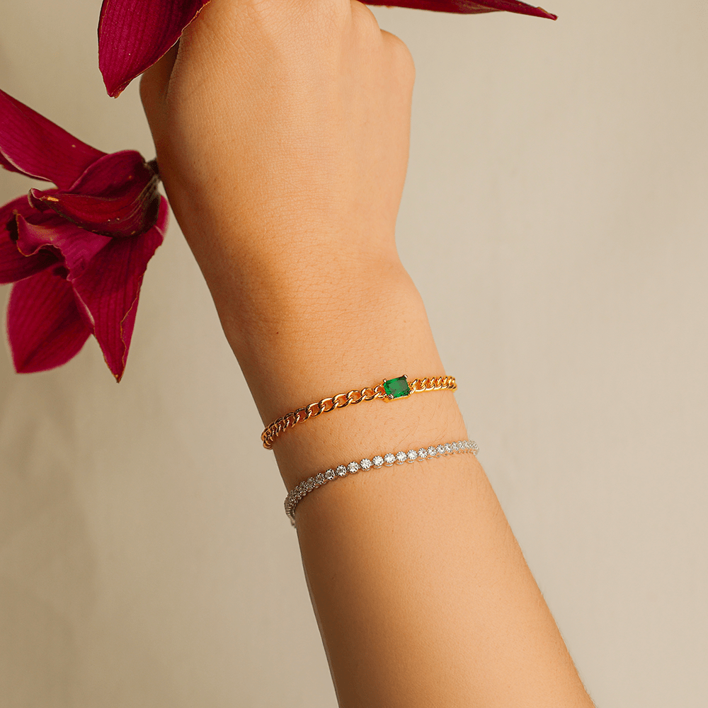 Pulseira em Prata Dourada com Zircão Verde - Loja do Ouro