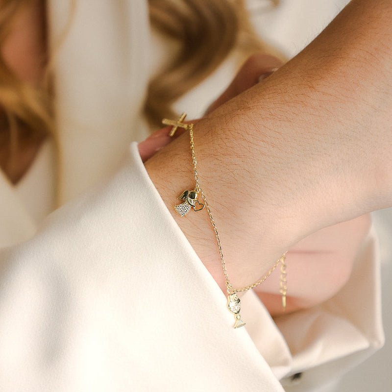 Pulseira em Prata Dourada e Zircónias adornada com Anjo, Cruz e Calice - Loja do Ouro