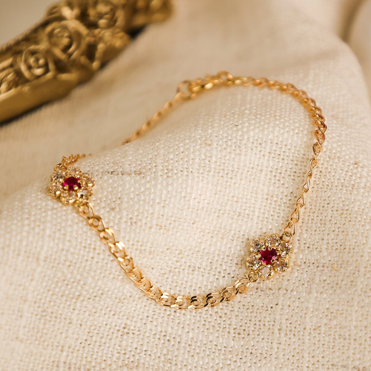 Pulseira Flores em Ouro 19kl com Rubi e Zircónias (17.5cm) - Loja do Ouro