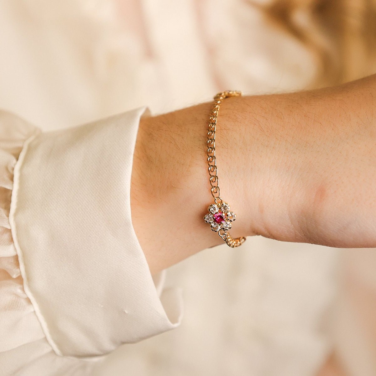 Pulseira Flores em Ouro 19kl com Rubi e Zircónias (17.5cm) - Loja do Ouro