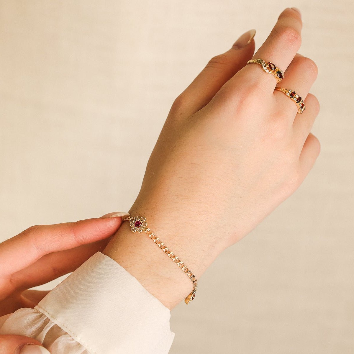 Pulseira Flores em Ouro 19kl com Rubi e Zircónias (17.5cm) - Loja do Ouro