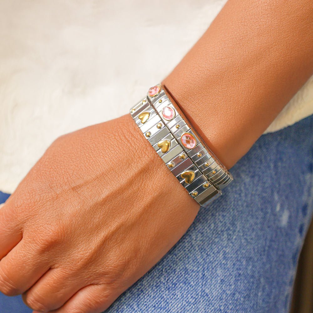 Pulseira Love You em Aço com Corações Dourados - Loja do Ouro